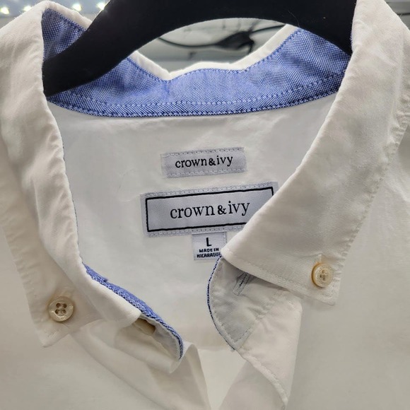 Crown & Ivy White Oxford Short Sleeve Button Shirt Sz L - Picture 2 of 8